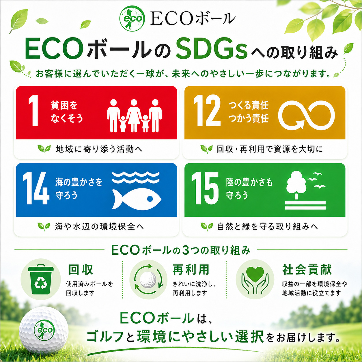 ECOボールのSDGsへの取り組み。目標1 貧困をなくそう、12 つくる責任つかう責任、14 海の豊かさを守ろう、15 陸の豊かさも守ろう。