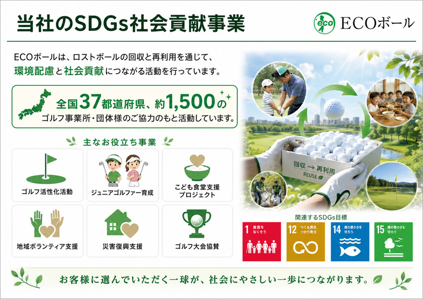 全国37都道府県・約1,500事業所との連携。ゴルフ活性化、ジュニア育成、こども食堂、地域ボランティア、災害復興支援、ゴルフ大会協賛。