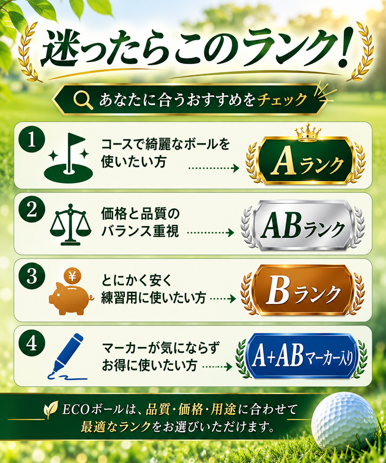 ECOボールのランク選びの目安。きれいさ重視はA、バランス重視はAB、練習用はB、マーカーが気にならない方はA＋ABマーカー入り。
